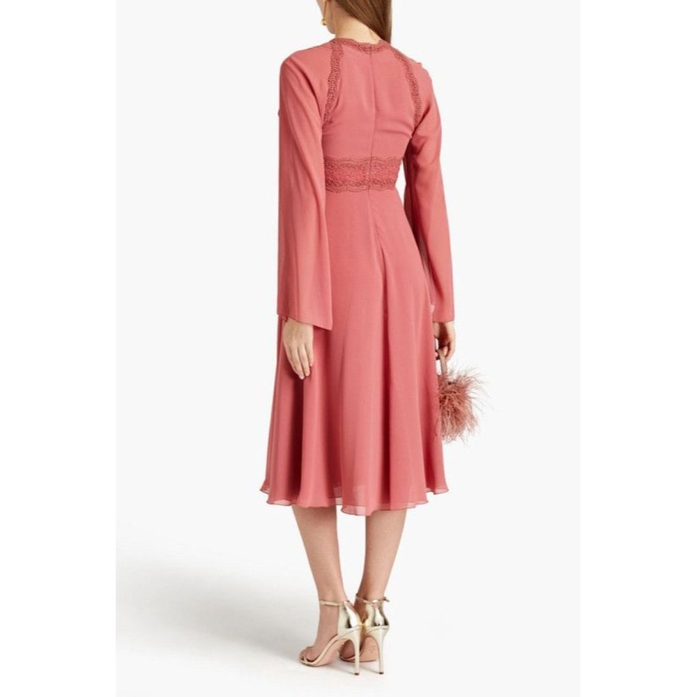 Giamba Lace Trimmed Crepe De Chine Midi Dress Pink Rose Fairycore Barbie Size L - Picture 2 of 8